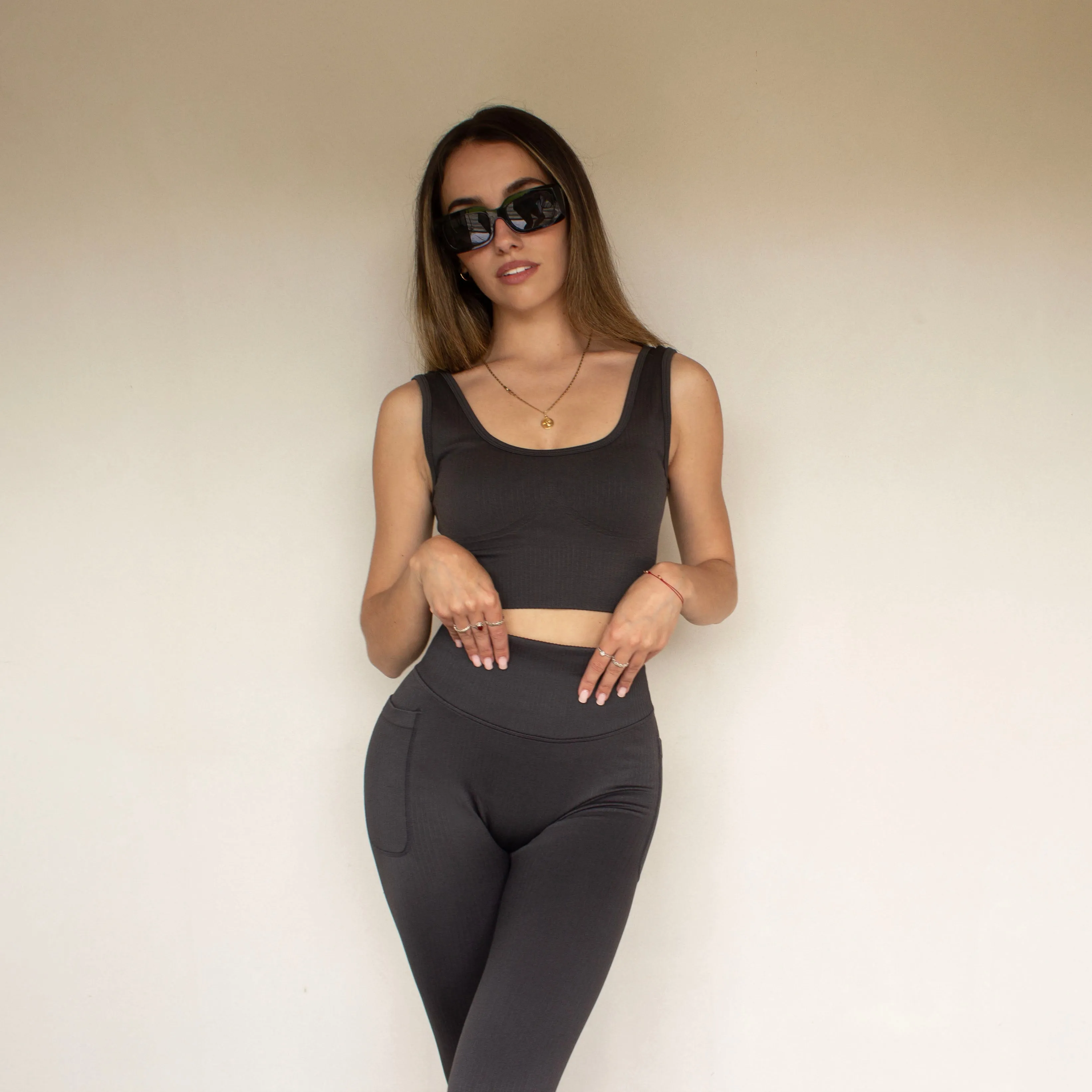 304 Womens TOF Essentials Ribbed Leggings Charcoal