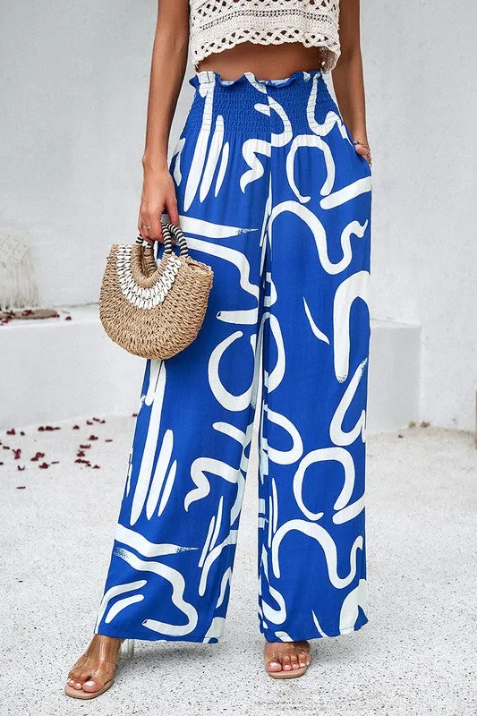 Abstract Wide Leg Pants - Blue