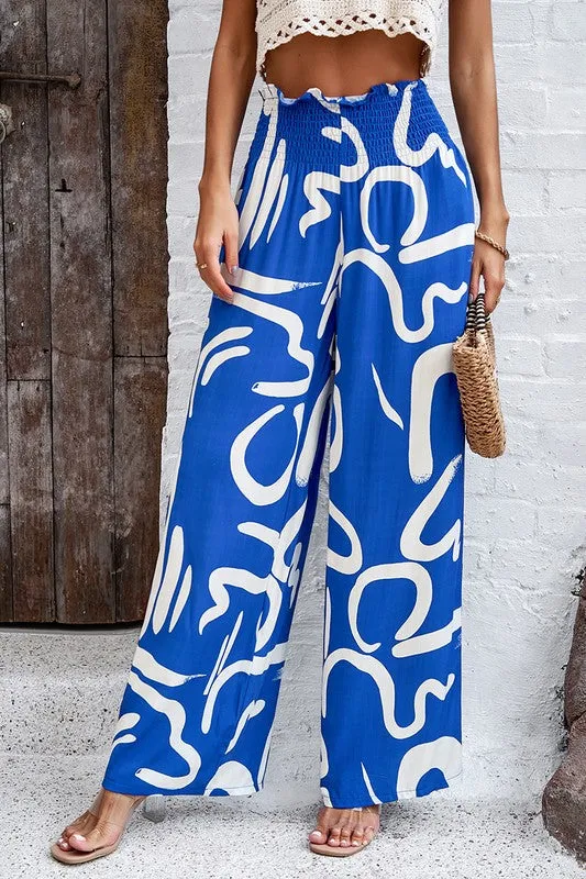 Abstract Wide Leg Pants - Blue