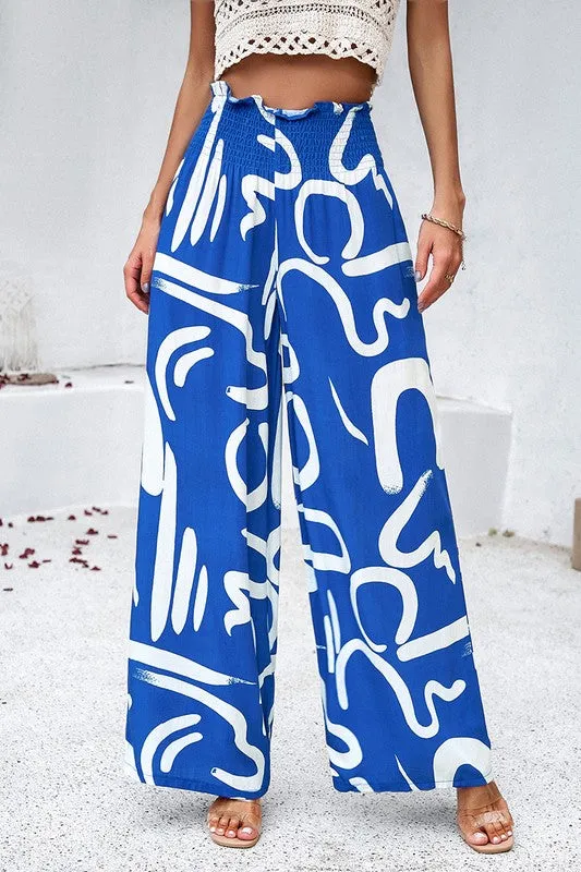 Abstract Wide Leg Pants - Blue