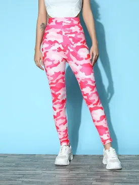 Berrylush Women Pink & White Abstract Printed Super Stretchy & High Waisted Sports Tights