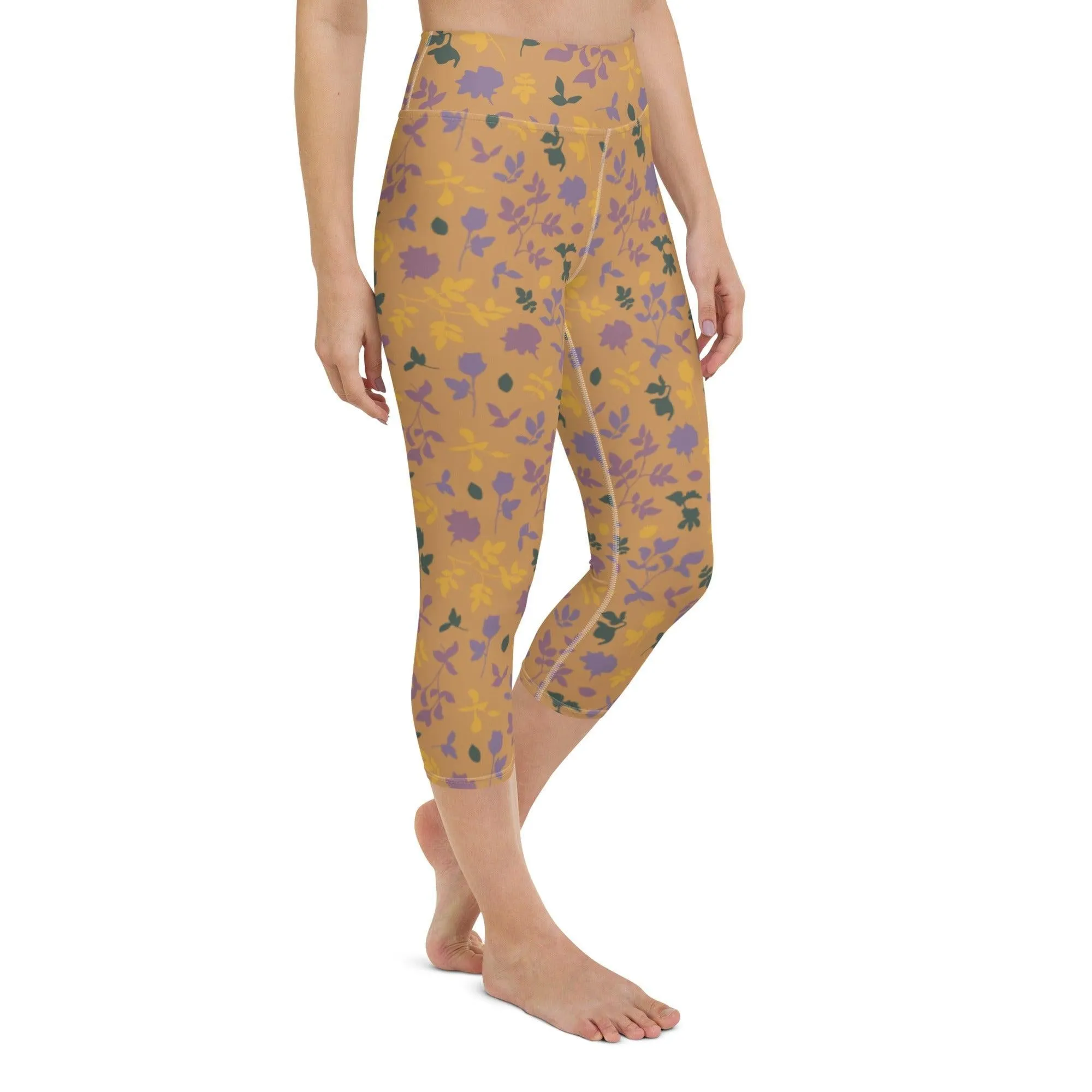 Brown Floral Women's Capri Yoga Pants