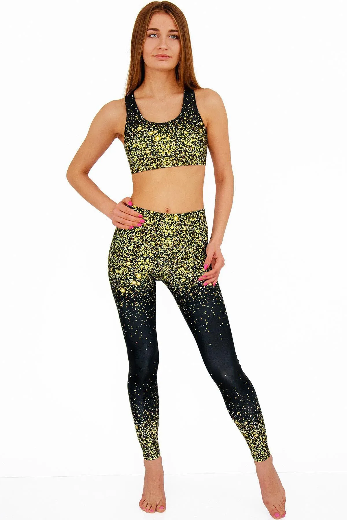 Chichi Lucy Black & Gold Glitter Print Leggings Yoga Pants - Women