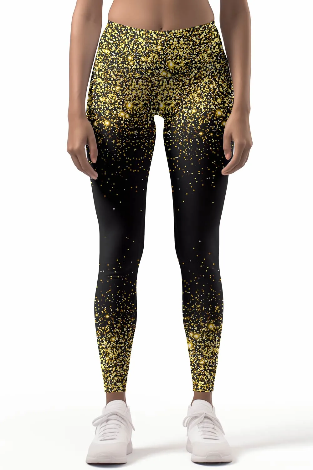 Chichi Lucy Black & Gold Glitter Print Leggings Yoga Pants - Women