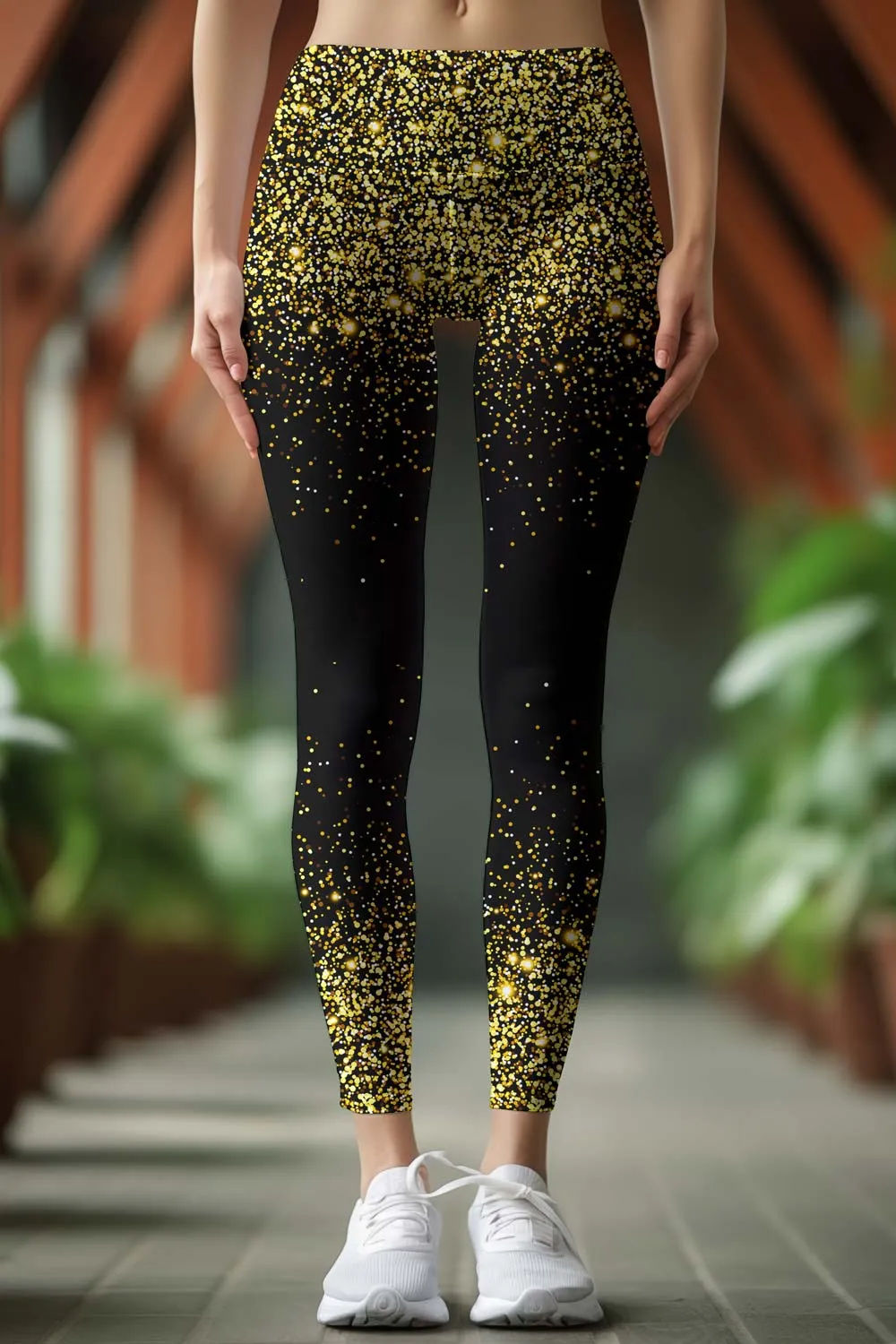 Chichi Lucy Black & Gold Glitter Print Leggings Yoga Pants - Women