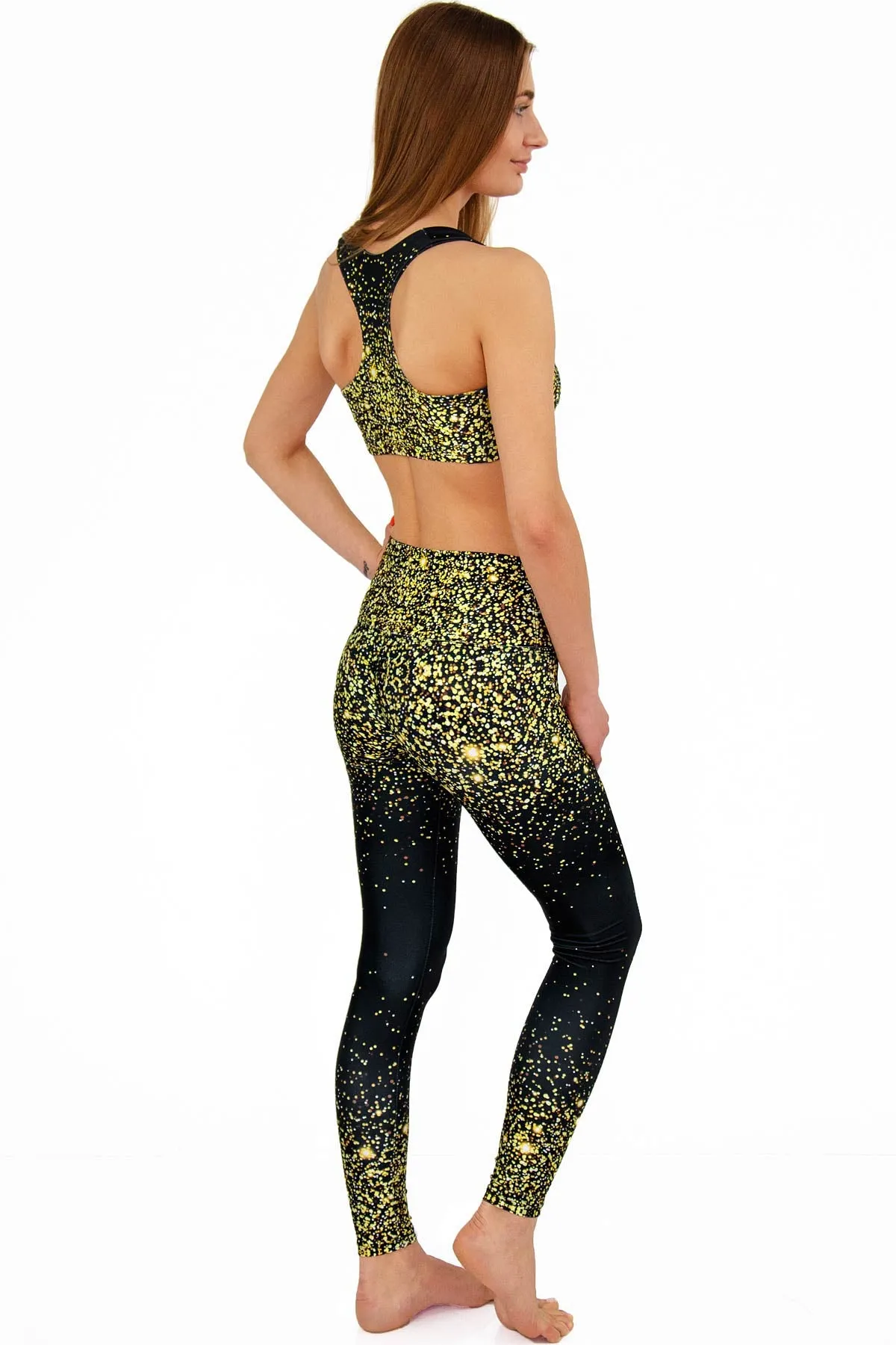 Chichi Lucy Black & Gold Glitter Print Leggings Yoga Pants - Women