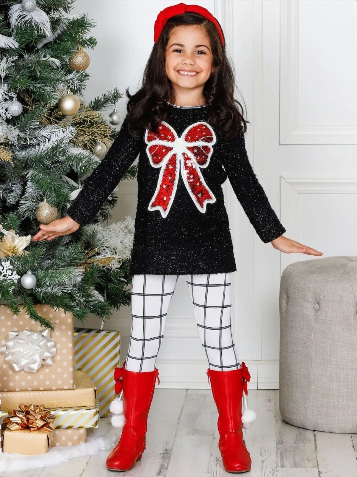 Girls Long Sleeve Sequin Bow Applique Tunic And Legging Set