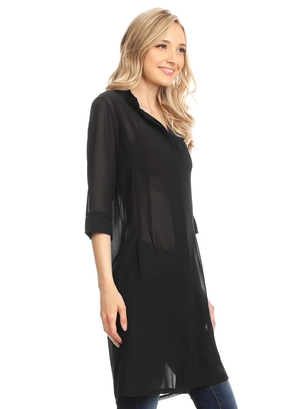 Junior Womens Black Sheer Chiffon Long Tunic Blouse Dress Shirt