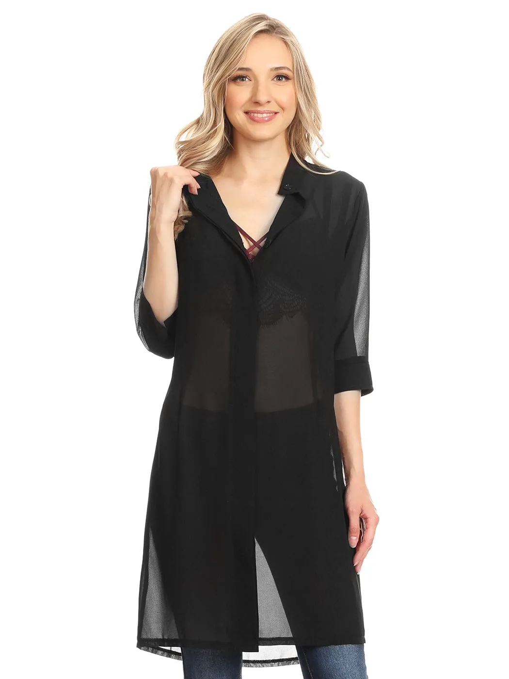 Junior Womens Black Sheer Chiffon Long Tunic Blouse Dress Shirt