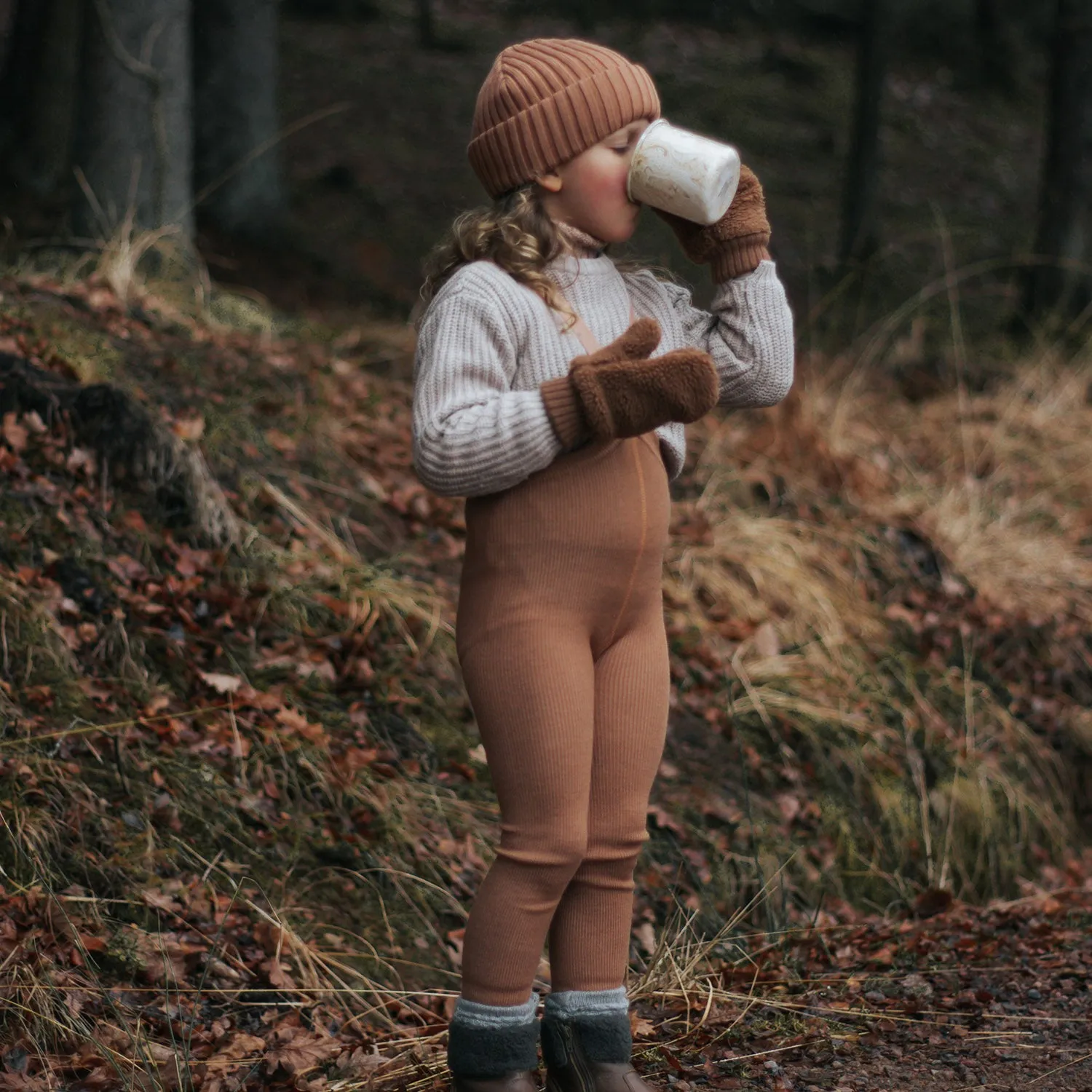 Merino Wool/Cotton Footless Wooly Tights With Braces - Cappuccino Brown