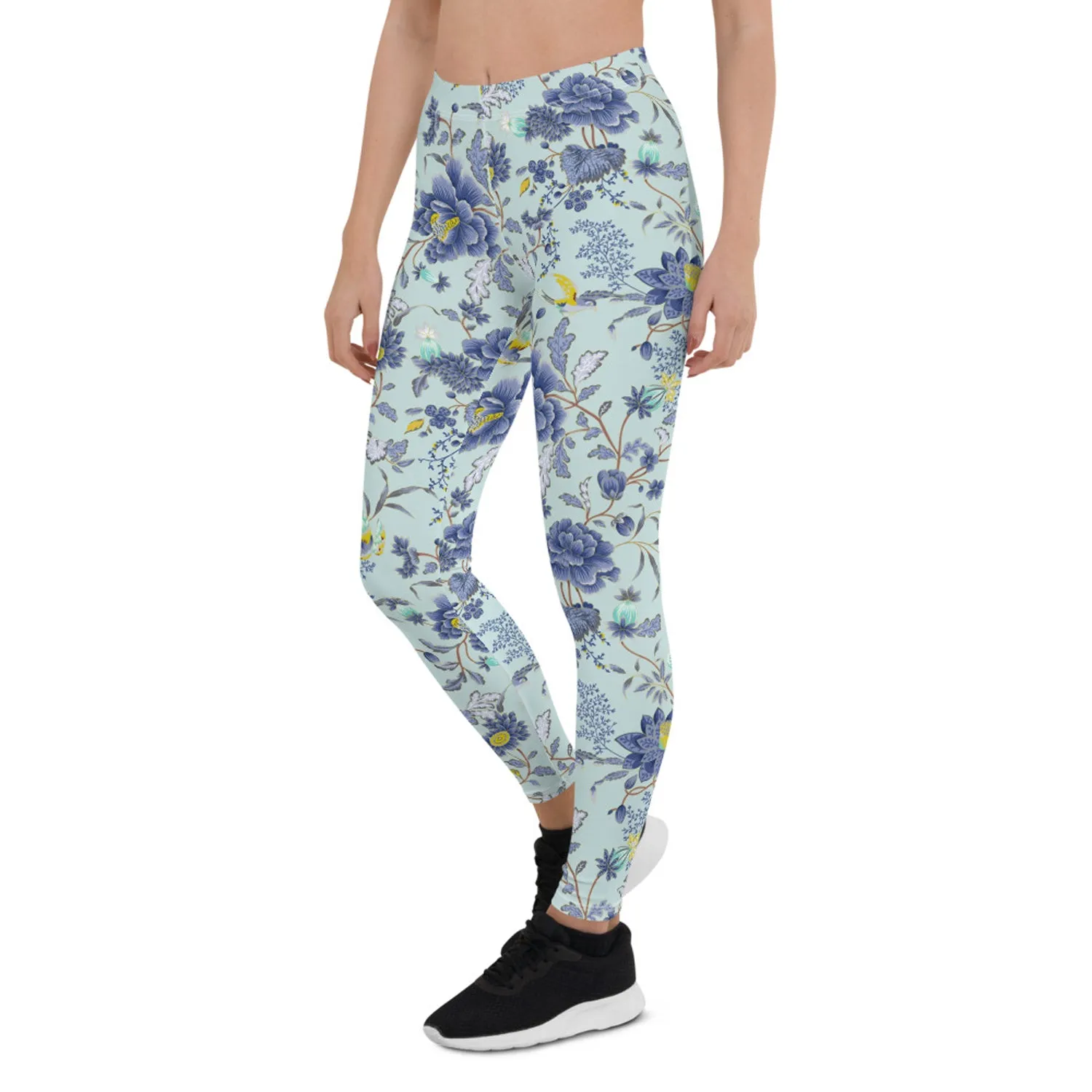 Oriental Floral Leggings on Light Blue Background