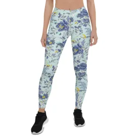 Oriental Floral Leggings on Light Blue Background