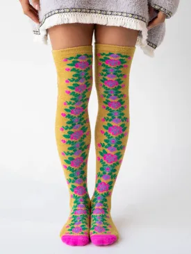 Over-the-Knee Cozy Socks - Mustard Folk Flower