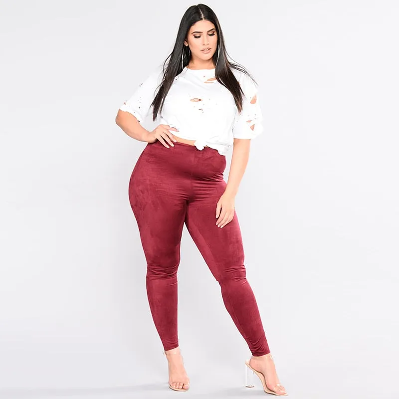 Plus Size High Waist Skinny Faux Suede Leather Leggings