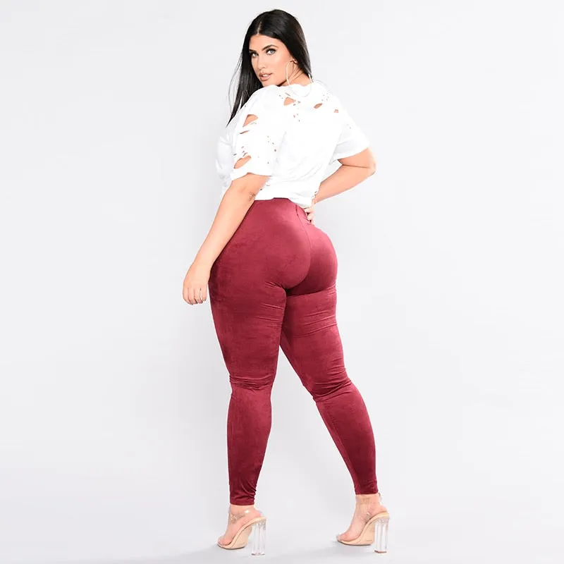 Plus Size High Waist Skinny Faux Suede Leather Leggings