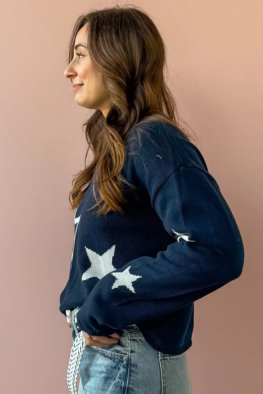 Sail Blue Star Print Drop Sleeve Cable Knit Sweater