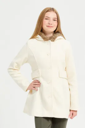 Senior Girls White Melton Hooded Flared Jacket