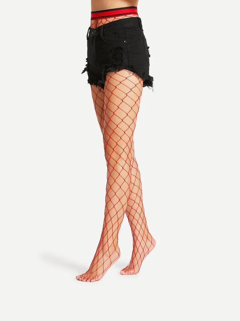 Striped Trim Fishnet Tights