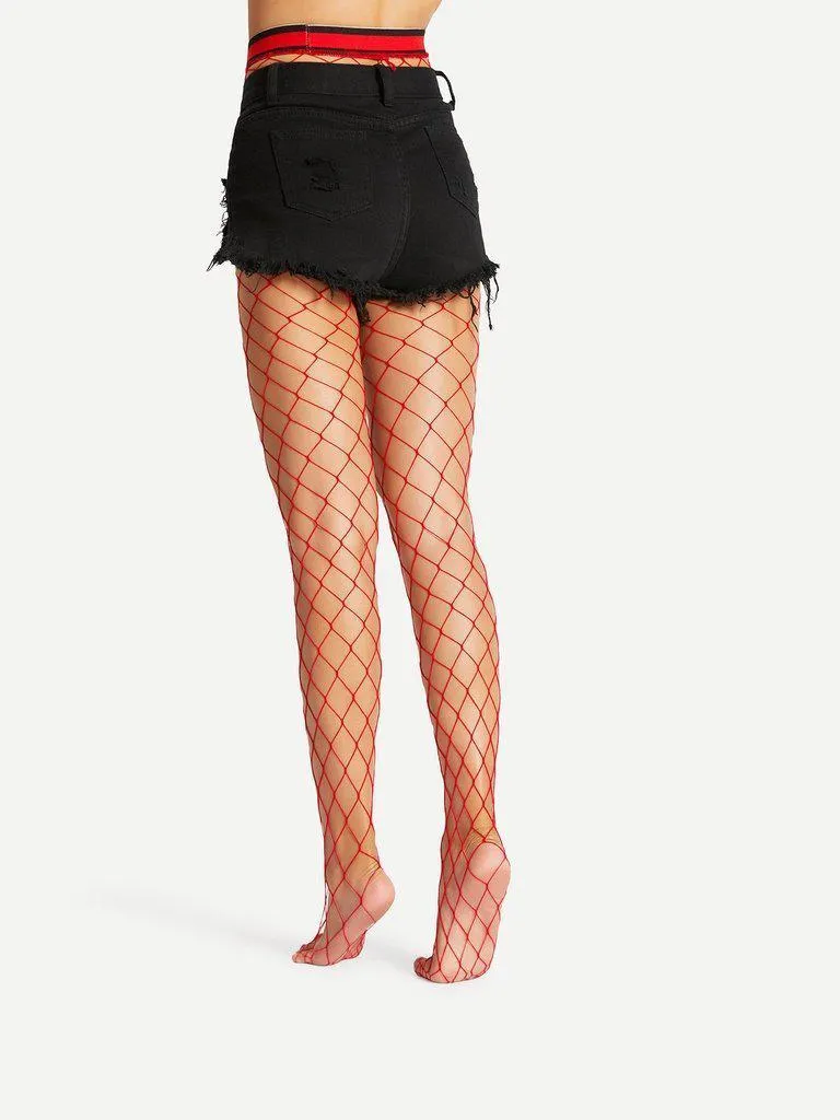 Striped Trim Fishnet Tights