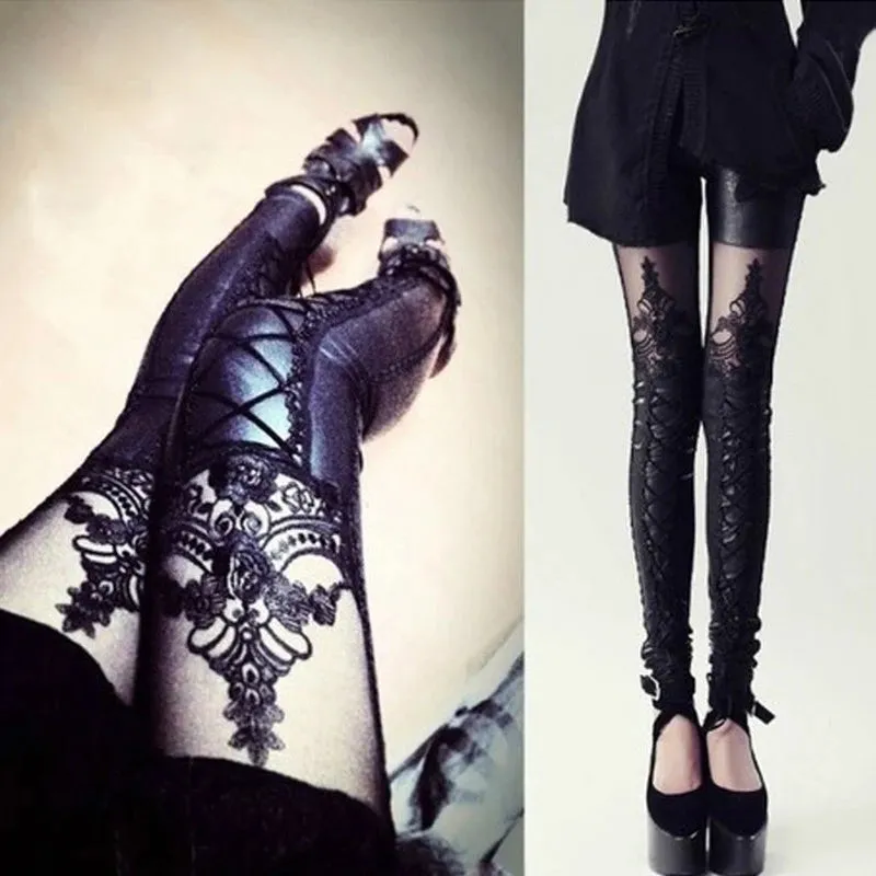 Stylish Sexy Women Faux Leather Gothic Punk Leggings Pants Imitation Lace Skinny Pants Nine-point Trousers Leather Pants Belt