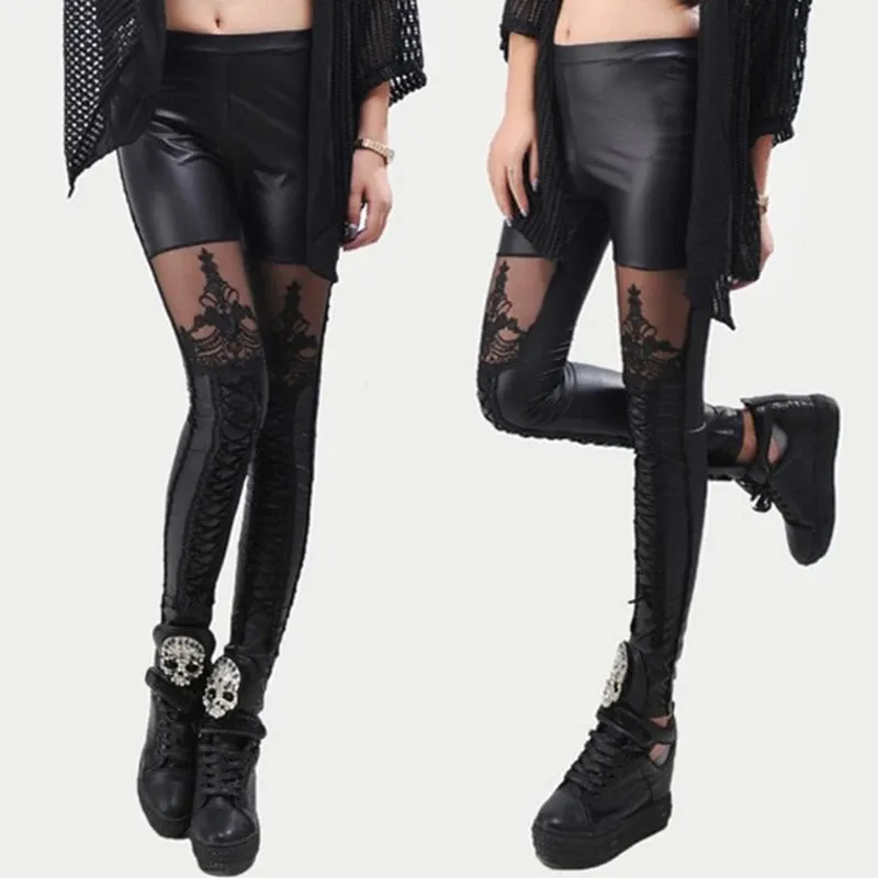 Stylish Sexy Women Faux Leather Gothic Punk Leggings Pants Imitation Lace Skinny Pants Nine-point Trousers Leather Pants Belt