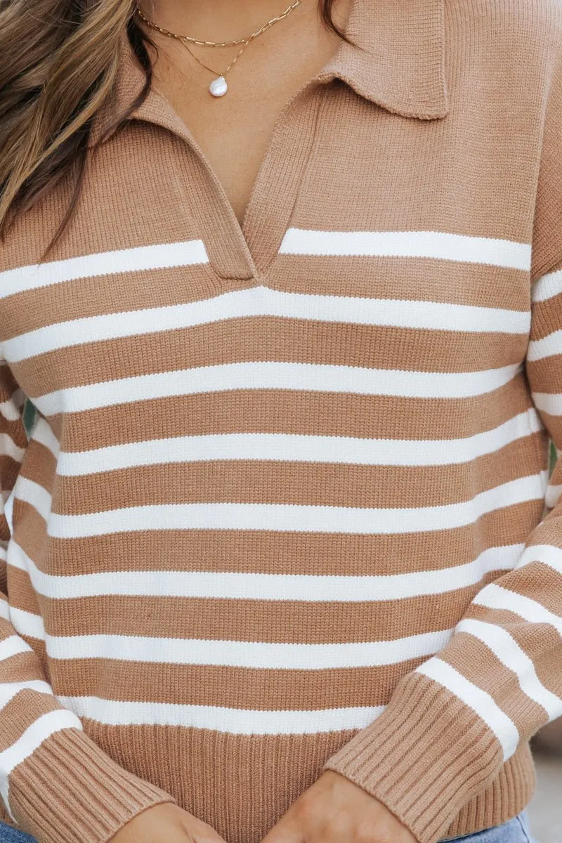 Tan and Cream Striped Pullover Sweater - DOORBUSTER