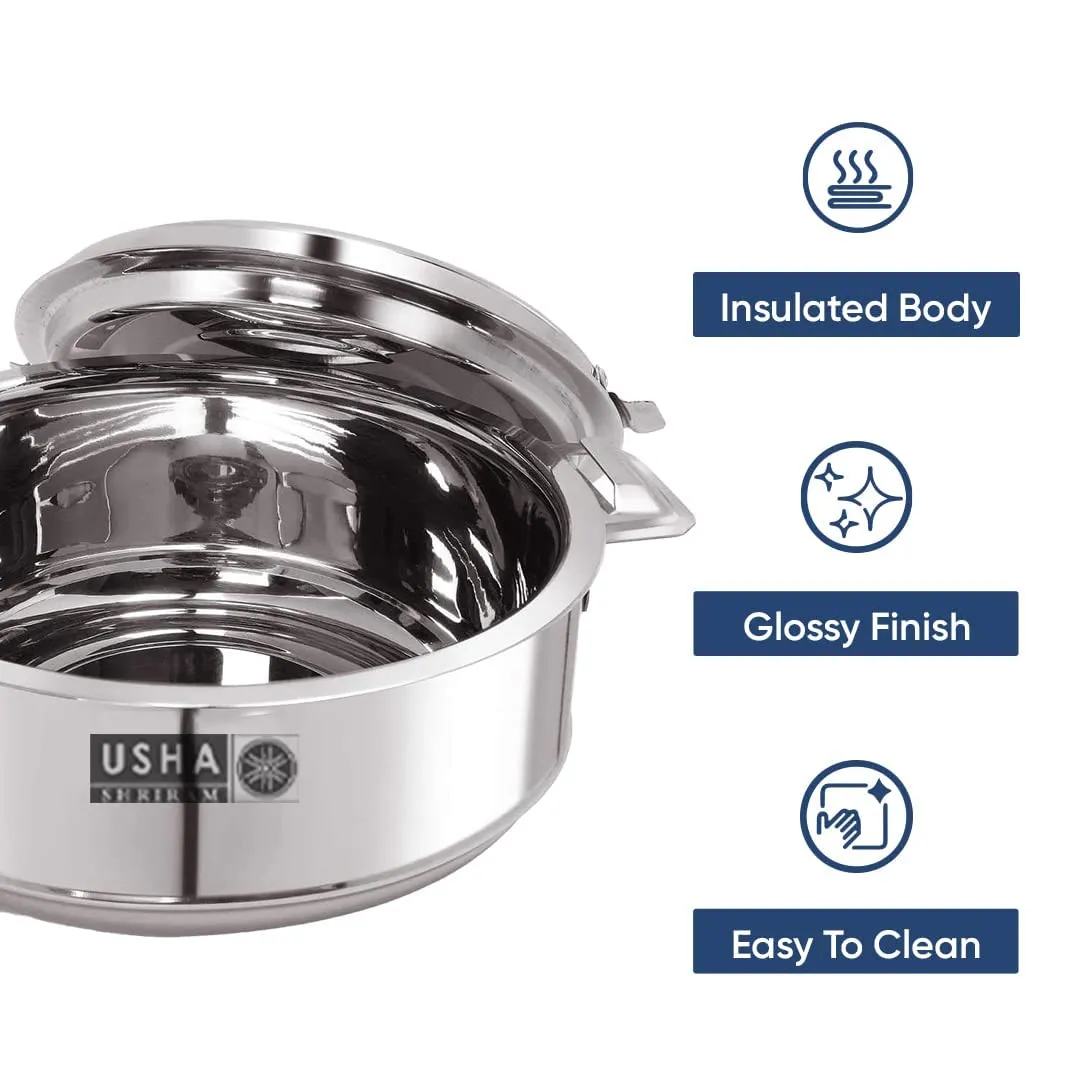 USHA SHRIRAM Stainless Steel Insulated Casserole (1 litre )| Double Wall Insulation, Heat Retaining Body & Easy Lock Lid Mechanism | Wobble Free Base, Glossy Durable & Easy to Clean