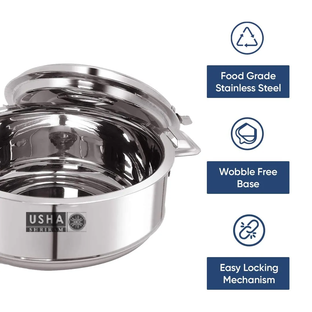 USHA SHRIRAM Stainless Steel Insulated Casserole (1 litre )| Double Wall Insulation, Heat Retaining Body & Easy Lock Lid Mechanism | Wobble Free Base, Glossy Durable & Easy to Clean