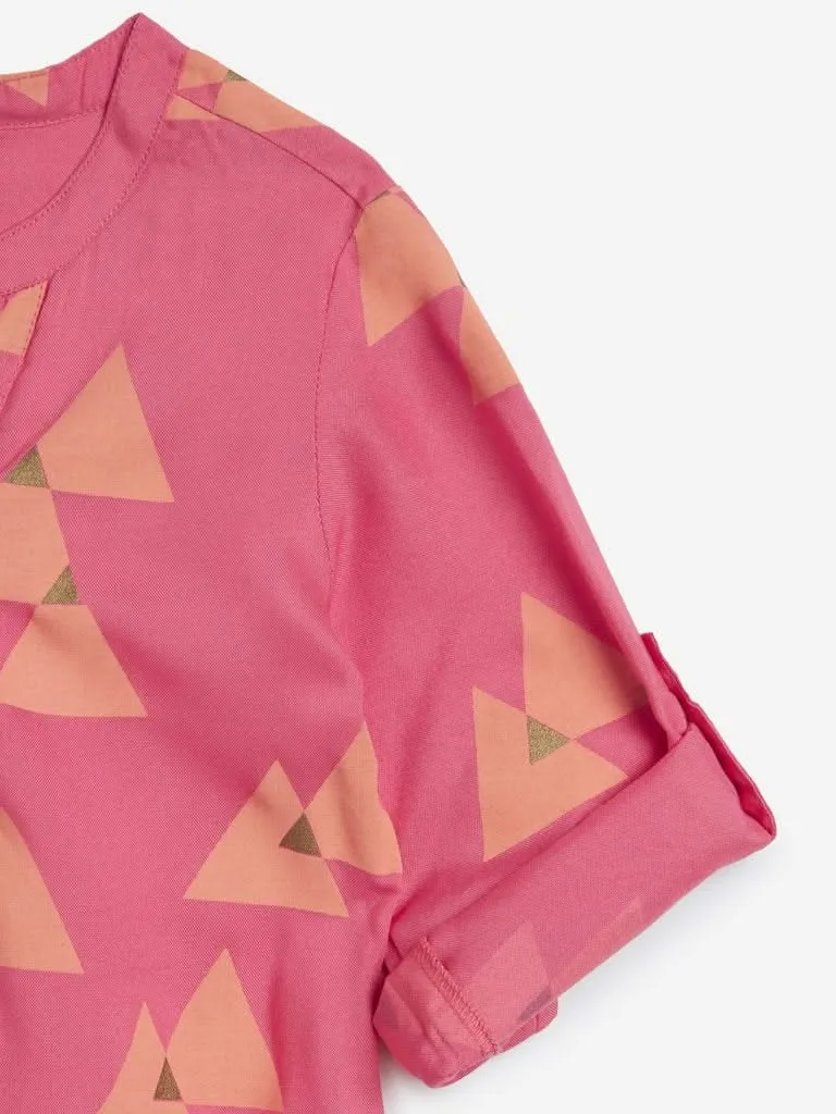 Utsa Kids Pink Triangle Print High-Low Kurta