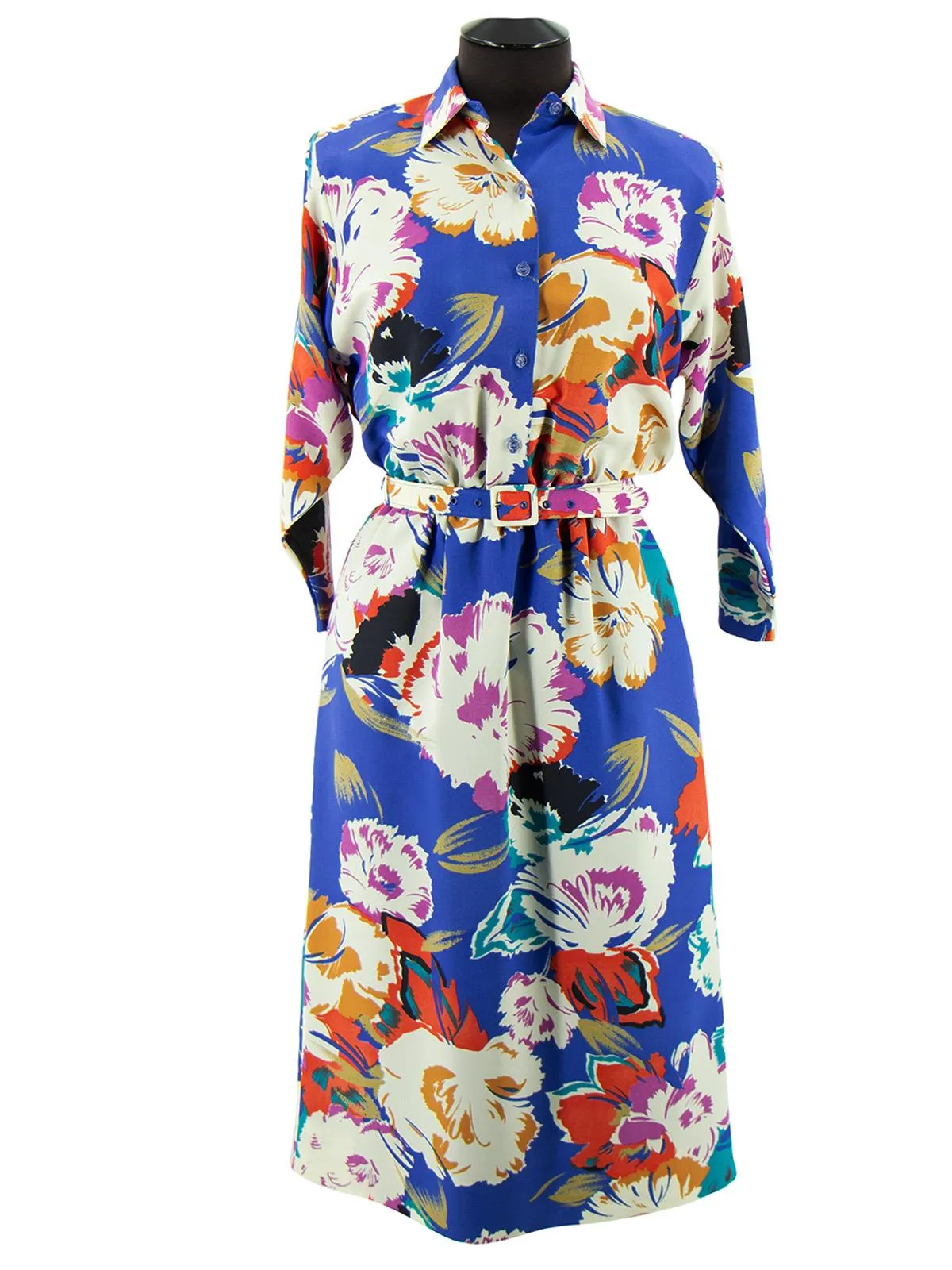 Vintage Abstract Floral Waisted Midi Shirtdress