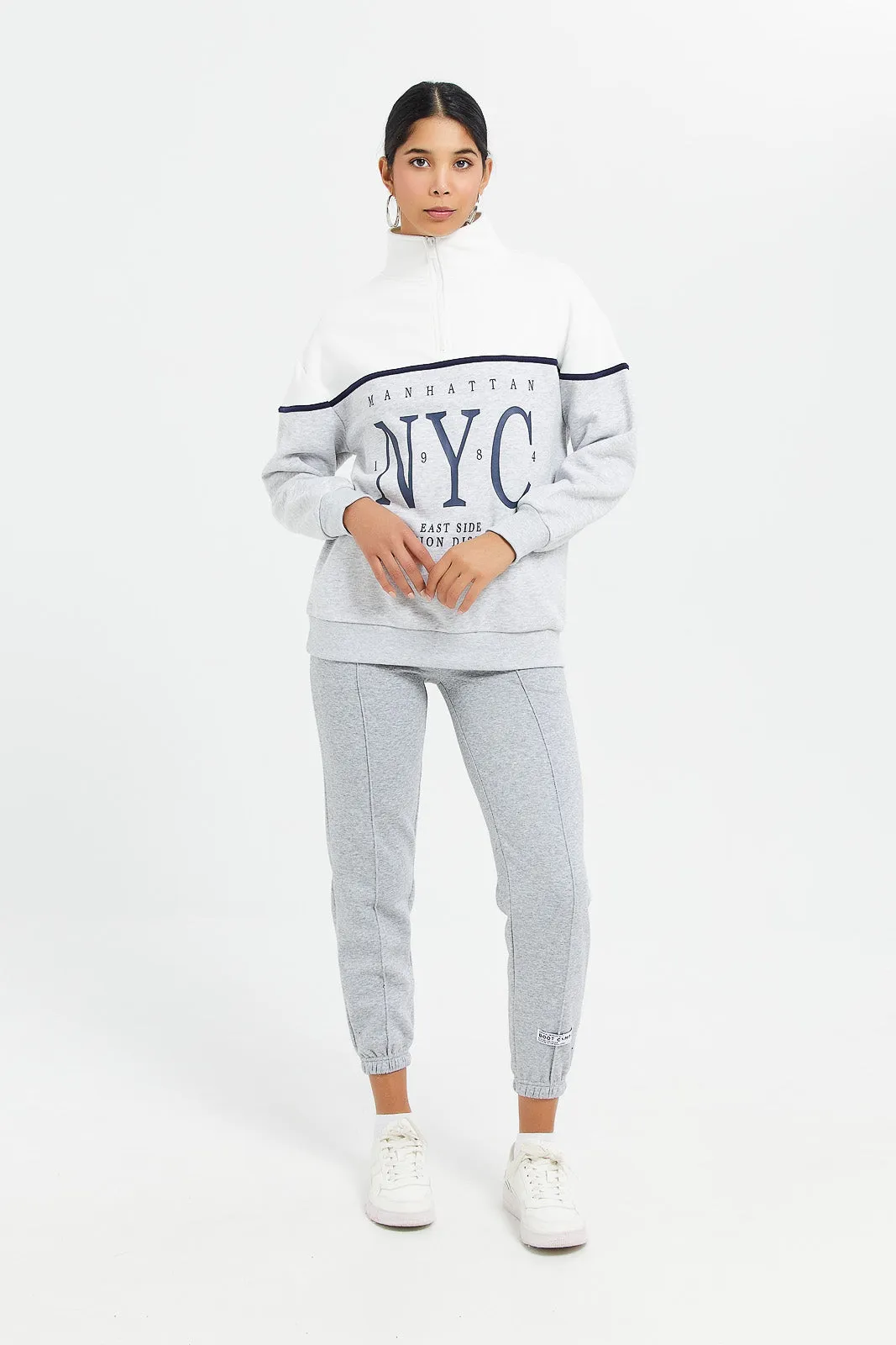 Women Grey And White Printed Sweatshirt