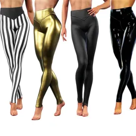 Women Pencil Leggings Bright PU Leather Skinny High Elastic Waist Push Up Gold Metallic Fitness Punk Rock Trouser Plus Size