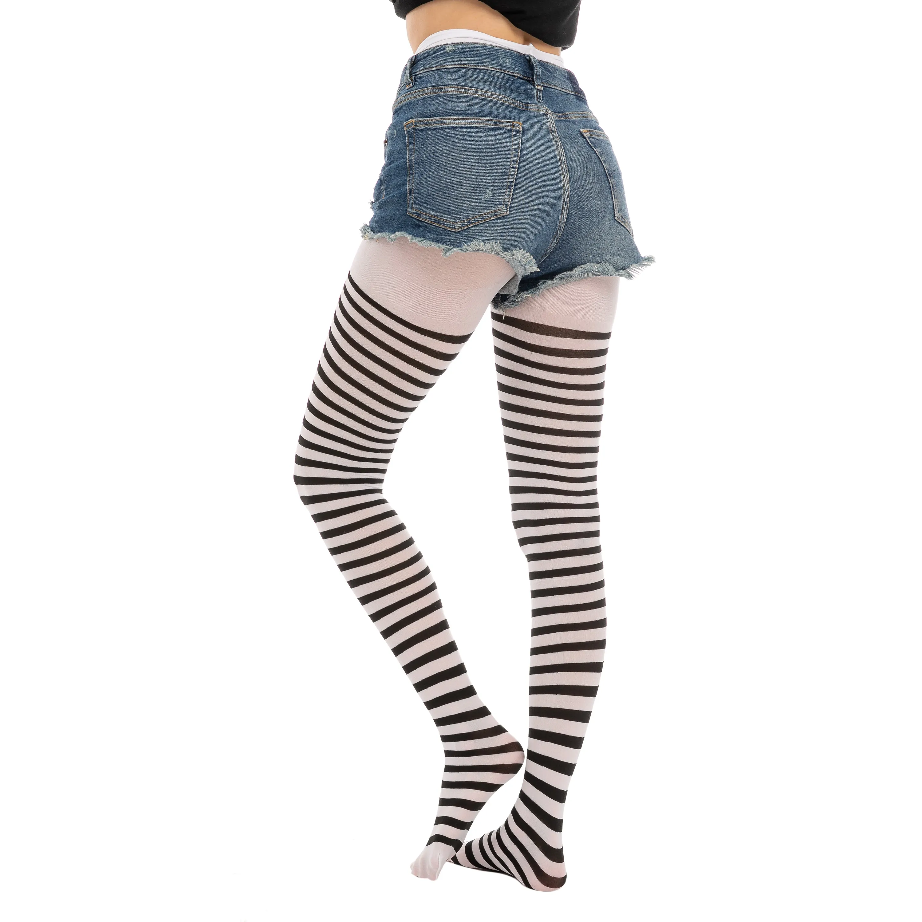 Women's Nylon Striped Tights Black/White, 3 Pack